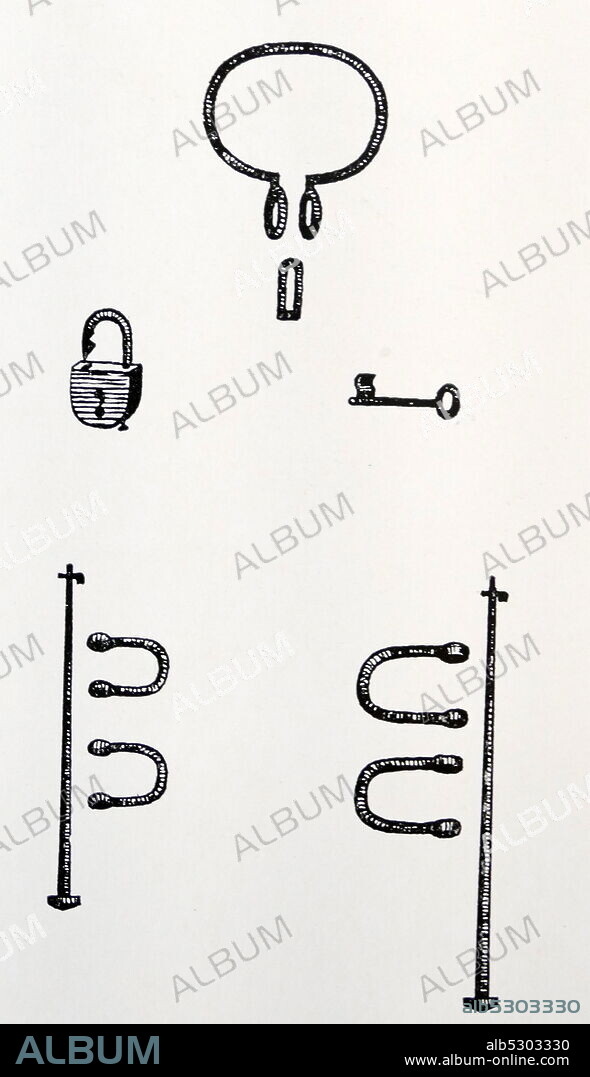 Illustration showing slave shackles and manacle.