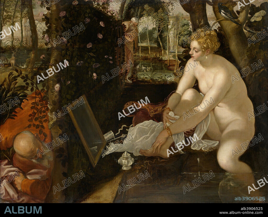 TINTORETTO. Susanna and the Elders. Date/Period: 1555 - 1556. Painting. Oil on canvas. Height: 1,460 mm (57.48 in); Width: 1,936 mm (76.22 in).