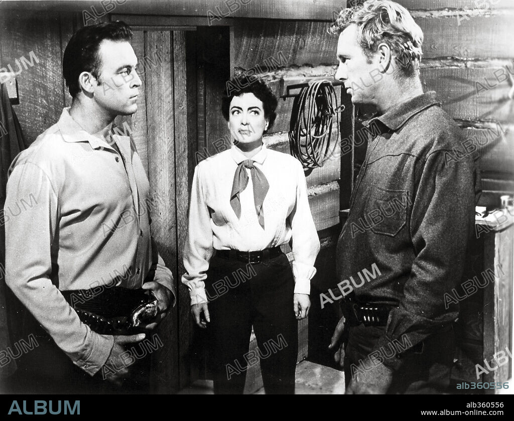 JOAN CRAWFORD, SCOTT BRADY and STERLING HAYDEN in JOHNNY GUITAR, 1954, directed by NICHOLAS RAY. Copyright REPUBLIC PICTURES.