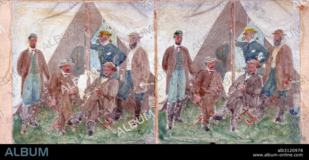 Stereograph showing a group at Secret Service headquarters at Antietam, during the American Civil War 1862.