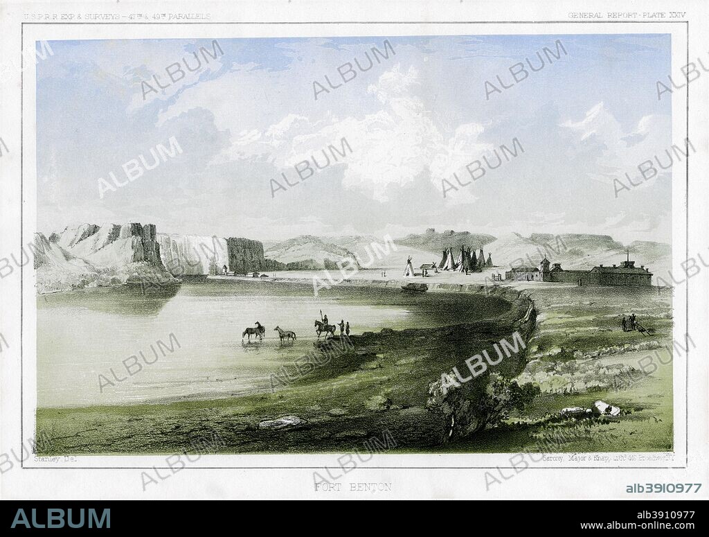 Fort Benton, Montana, USA, 1856. Members of the Stevens' United States Railroad Survey arrive at Fort Benton near the Great Bend of the Missouri River in North Central Montana. Print from Reports of Explorations and Surveys to Ascertain the Most Practicable and Economical Route for a Railroad from the Mississippi River to the Pacific Ocean made under the direction of the Secretary of War in 1853-1855, by Beverley Tucker, volume III, published by Sarony, Major and Knapp (Washington, 1856).