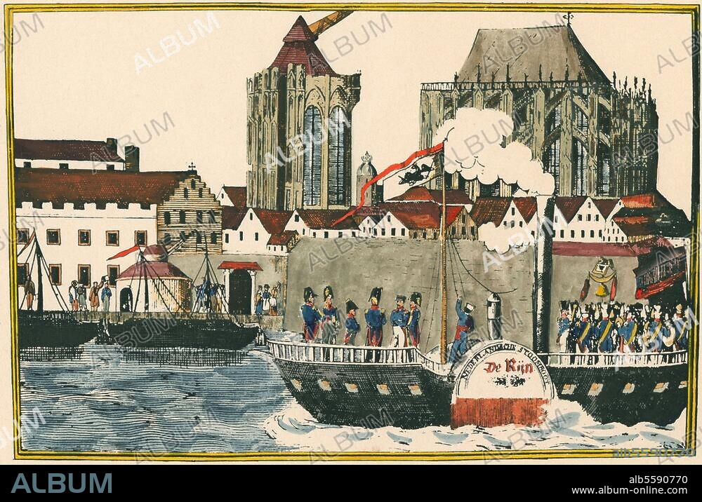 Friedrich Wilhelm III., König von Preußen (1797-1840); 1770-1840. Ankunft Friedrich Wilhelms III. auf dem Dampfer "De Rijn" in Köln am 14.9. 1825. (Im Hintergrund der unvollendete Dom). Nach einem Blatt von Johann Schlappels. Aus: Gerhard Moritz Roentgen, Leven En Bedrijf, S. 72, spätere Kolorierung.