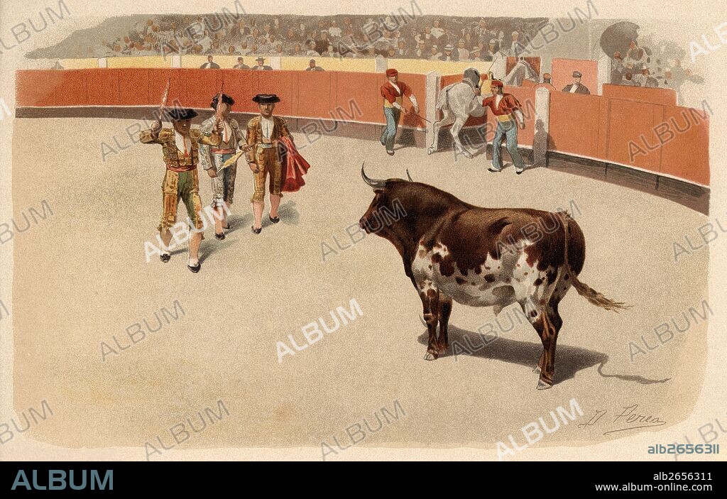DANIEL PEREA Y ROJAS. Tauromaquia. Cite para la suerte de banderillas. Grabado de 1920.