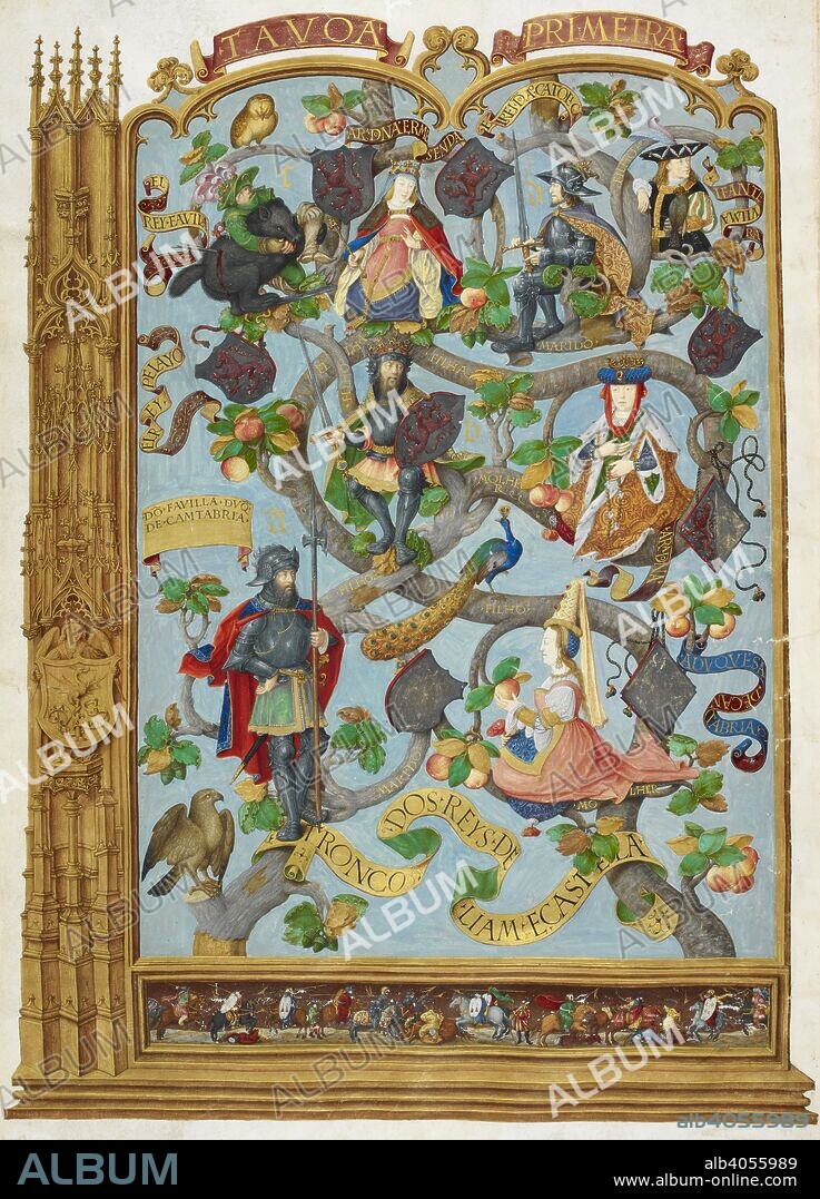 ANTONIO DE HOLANDA. Genealogical tree of the Kings of Leon and Castille; ; in the margin is depicted a church tower; at the foot, the battle of St. Maria de Cobadonga, 718. The Portuguese Genealogy / Genealogia dos Reis de Portugal. Portugal (Lisbon), 1530-1534. Source: Add. 12531, f.3. Language: Portuguese.