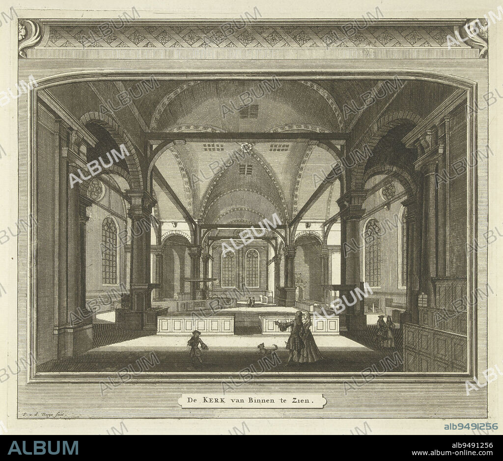 Interior of the Noorderkerk, Amsterdam. Interior of the Noorderkerk, Amsterdam, The Church from the Inside., print maker: Pieter van den Berge, (mentioned on object), Amsterdam, 1694 - 1737, paper, etching, h 300 mm × w 350 mm.