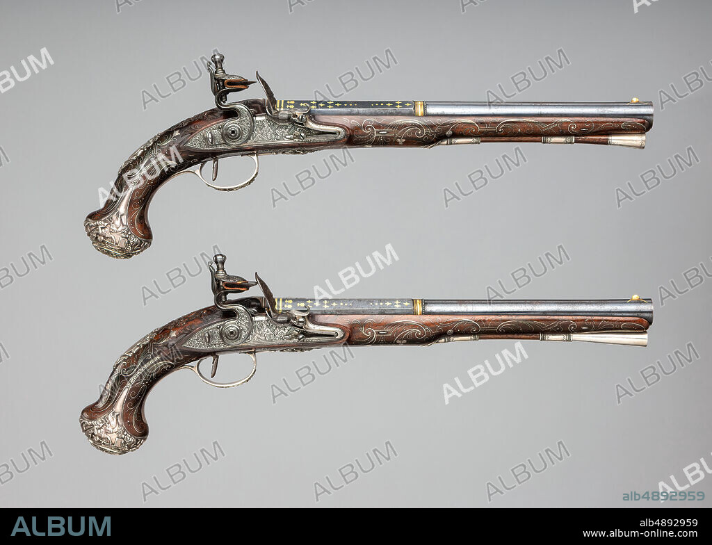 Henry Hadley, Pair of Flintlock Pistols with Square-Drive Key, British, London, ca. 1765, London, British, London, Steel, wood (walnut), silver, gold, copper alloy, Each pistol: L. 16 3/4 in. (42.5 cm); L. of barrel 11 1/4 in. (28.6 cm); Cal.63 in. (16 mm); Wt. of pistol (a): 2 lb. 3.2 oz. (998 g); Wt. of pistol (b): 2 lb. 3.7 oz. (1012 g); drive key (c): H. 2 3/8 in. (6.03 cm); L. 1 9/16 in. (3.97 cm); Wt. 0.8 oz. (21 g), Firearms-Pistols-Flintlock.