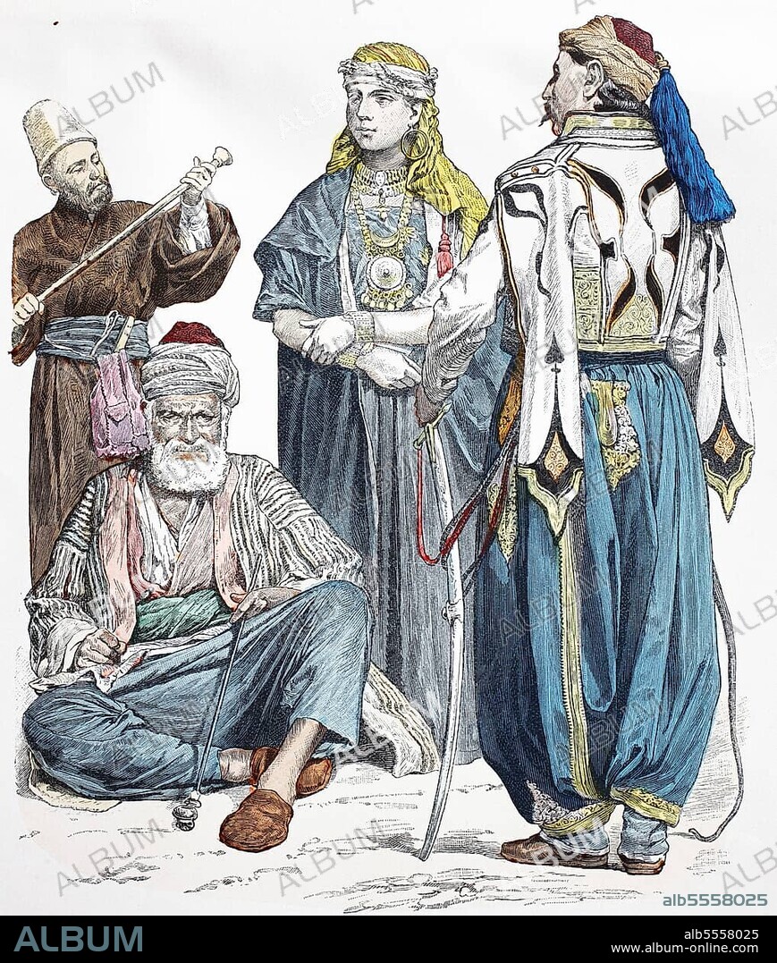 Folk traditional costume, Clothing, History of costumes, Dervish, Peasant from Syria, Young Drusin, Kawasse from Damascus, Historical, Digitally restored reproduction of a 19th century original