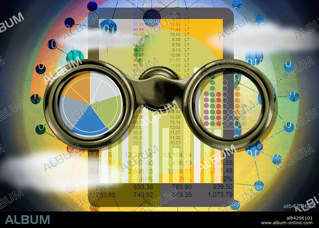 Binoculars, digital tablet, finance data and cloud computing.