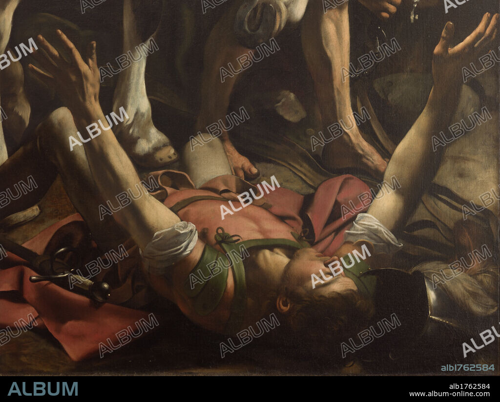 Conversion of St Paul, by Michelangelo Merisi known as Caravaggio, 1600-1601 about, 17th Century, oil on canvas, cm 230 x 175. Italy, Lazio, Rome, Santa Maria del Popolo Church, Cerasi Chapel. Detail. Body of the Saint on the ground with spread arms St Paul soldier cuirass light., photographic campaign 2009.