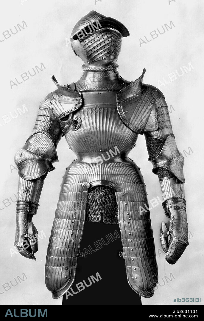 Armor. Armorer: Helmet, pauldrons, and vambraces attributed to Kolman Helmschmid (German, Augsburg 1471-1532). Culture: German, Augsburg. Dimensions: Wt. approx. 48 lb. 7 oz. (21.97 kg). Date: ca. 1525 and later.
The helmet, pauldrons (shoulder defenses), and vambraces (arm defenses) of this armor are attributed to Kolman Helmschmid based on comparison with his known works. The helmet's distinctive snub-nosed visor appears to be a form that he originated and used on three other helmets, all dating from the mid-1520s. The decoration of these elements is typical of the style of Daniel Hopfer of Augsburg (about 1470-1536), a celebrated armor-etcher and printmaker, who is known to have decorated armors made by members of the the Helmschmid family.
The remainder of this armor is composed of southern German elements from about 1520 to 1530, except for minor restorations.