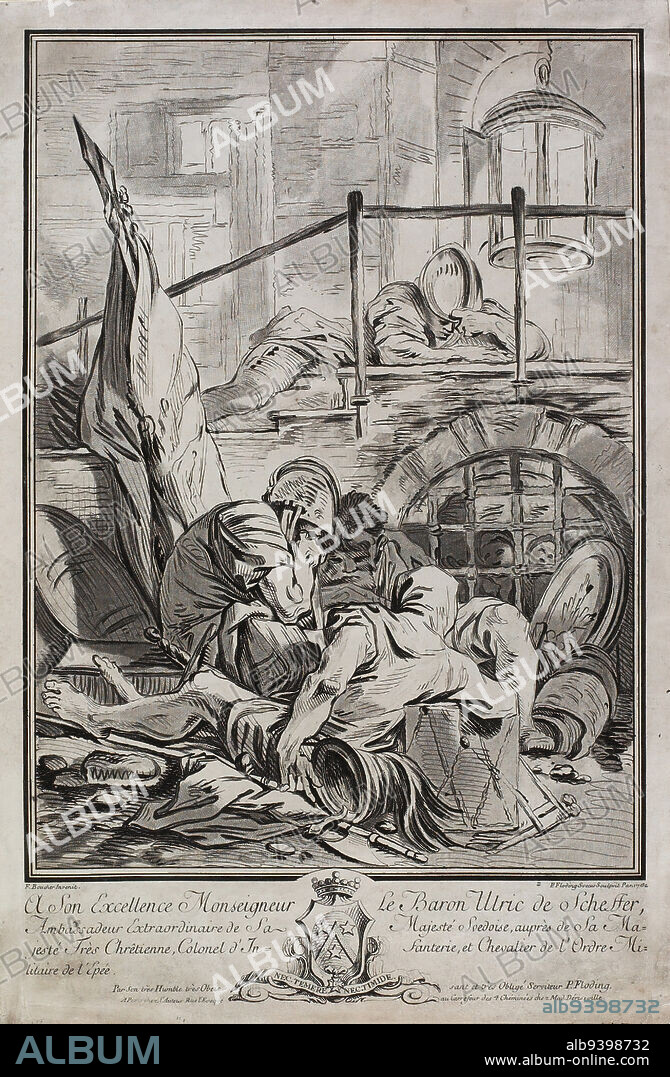 Un Corps de Garde, 1762, Per Gustav Floding; Artist: after François Boucher, French, 17031770, 12 13/16 x 9 3/8 in. (32.54 x 23.81 cm) (plate)15 1/2 x 10 3/16 in. (39.37 x 25.88 cm) (sheet), Engraving, etching and aquatint (lavis) in black ink, Sweden, 18th century, In the 18th century, France and Sweden were strong military allies, and upperclass Swedes adopted French artistic trends. Born in Stockholm, Per Gustav Floding was sent to Paris as a young man to learn the art of engraving. He remained there for most of his career but retained close ties to his homeland. King Adolf Frederick was so pleased with a portrait that Floding made of him that he gave the artist money to re-equip his studio. This led directly to Flodings invention of a new printmaking technique, lavis aquatint. The technique involved covering the copper printing plate with powdered resin, heating it to make it adhere, and then subjecting it to repeated acid baths while selectively applying protective coatings between the successive immersions.
