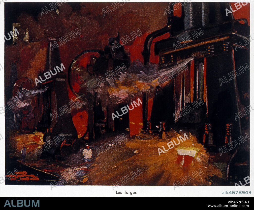 'Les forges' de l'usine Renault. Publi-reportage vers 1935 pour RENAULT illustre par Emile Andre SCHEFER (1896-1942). Credit : Collection KHARBINE-TAPABOR.