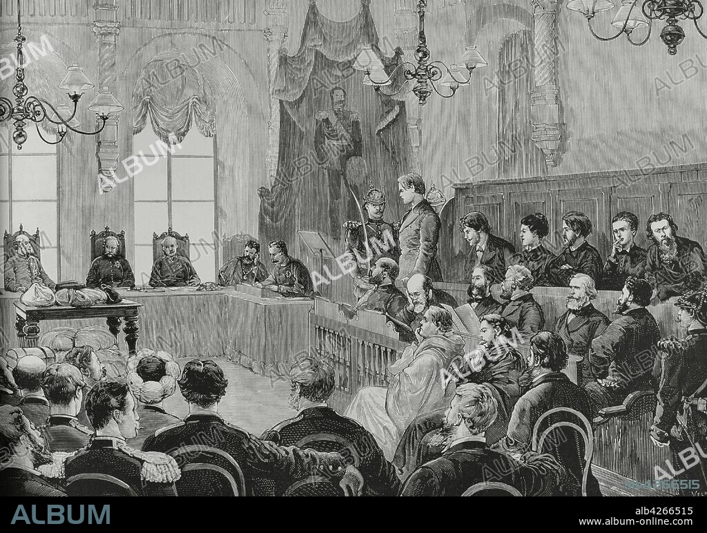 Russia, St. Petersburg. Trial of the nihilists who murdered Tsar Alexander II on March 13, 1881. The terrorists Nikolai Kibalchich, Sophia Perovskaya, Nikolai Rissakov, Timofey Mikhailov and Andrei Zhelyabov, were sentenced to death. Guessia Gelfman, deported to Siberia Third session of the court, on the April 9, 1881. Senator Fuchs, president of the tribunal. Engraving. La Ilustracion Espa–ola y Americana, 1881.