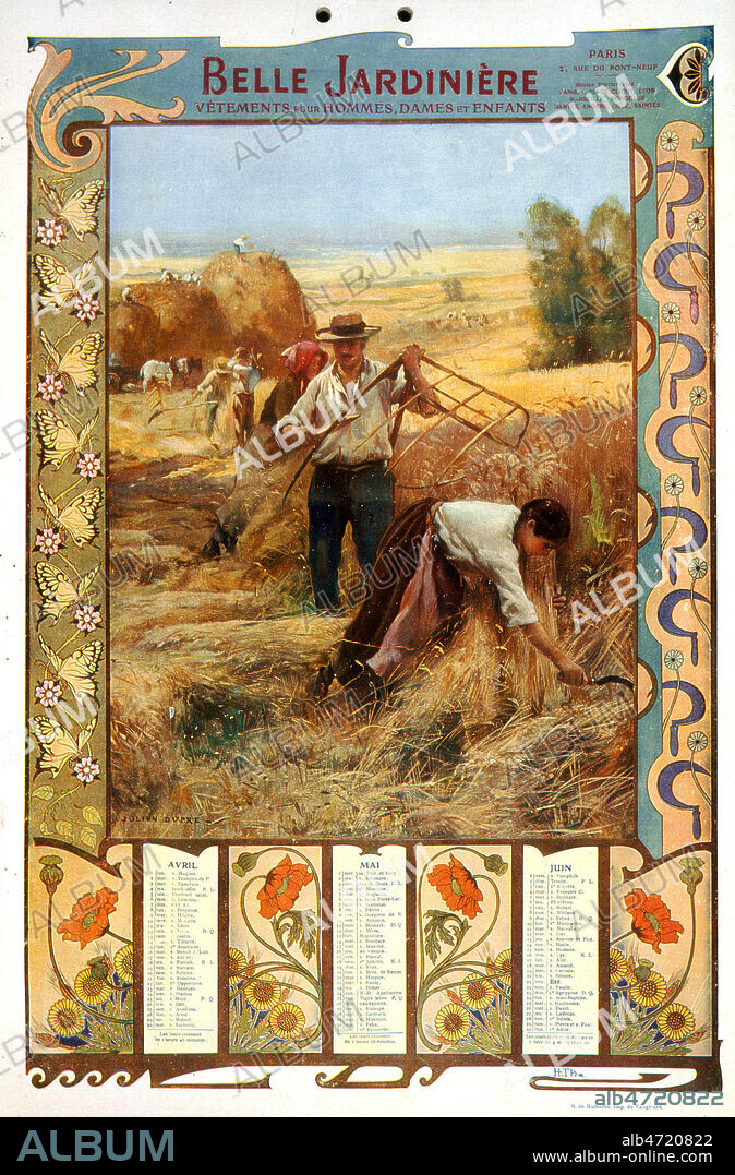 Scene de moissons, illustration pour un calendrier du magasin La Belle Jardiniere, par Julien DUPRE (1851-1910) avec un encadrement de Henri THIRIET (1873-1946). vers 1895-1900. Credit Collection Kharbine Tapabor.