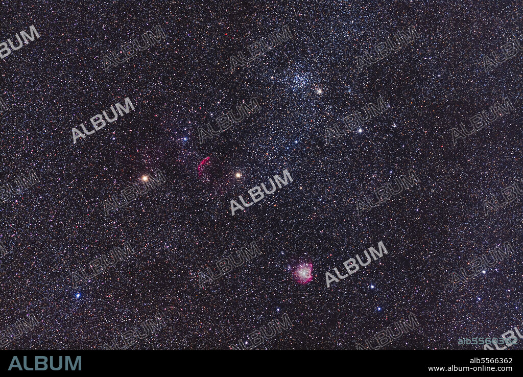 The area of sky around the star cluster Messier 35, at top in Gemini, with the supernova remnant IC 443 below, and the Monkey Head Nebula, NGC 2174, in Orion at bottom.
