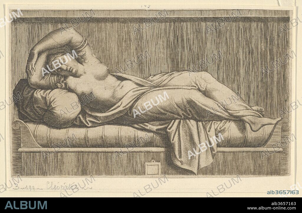 Cleopatra, partly naked laying on a bed. Artist: After Raphael (Raffaello Sanzio or Santi) (Italian, Urbino 1483-1520 Rome); Anonymous; After Marcantonio Raimondi (Italian, Argini (?) ca. 1480-before 1534 Bologna (?)). Dimensions: 4 1/8 x 6 15/16 in. (10.5 x 17.6 cm). Date: ca. 1515-40.