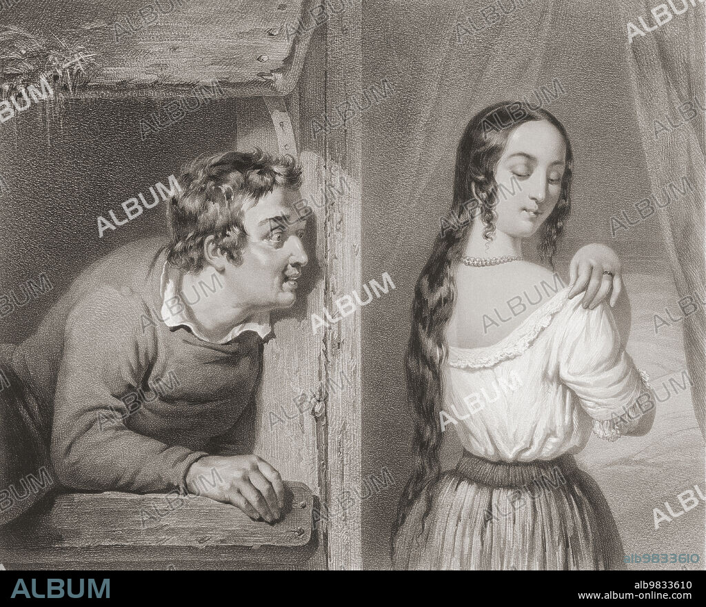 Romeo and Juliet. The balcony scene. ""Good night. A thousand times good night."" William Shakespeare's Romeo and Juliet. Act Two. Scene Two. After a work by Achille Devéria.