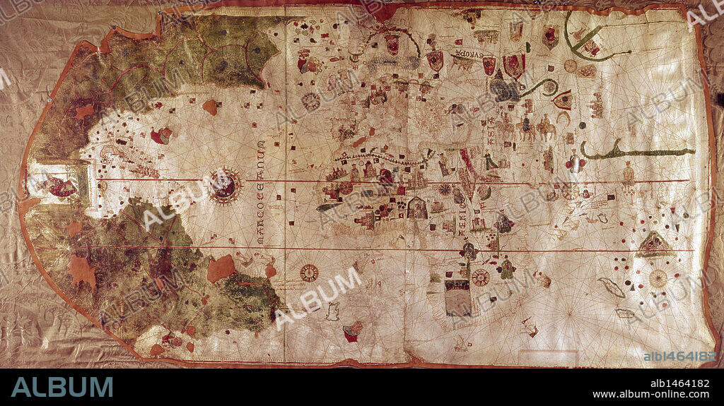 MAPA MUNDI o CARTA DE MAREAR DE LAS INDIAS. Realizado por JUAN DE LA COSA (h.1460-1509) en el año 1500. Se muestra el NUEVO MUNDO en la parte superior (en verde) y el VIEJO MUNDO en la parte central e inferior (en blanco). Museo Naval. Madrid. España.