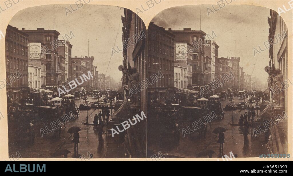 [Broadway in the Rain, likely taken from 308 or 310 Broadway, New York City]. Artist: Edward Anthony (American, 1818-1888); Henry T. Anthony (American, 1814-1884). Date: ca. 1860s.
Edward Anthony and his brother Henry were the founders of New York's first manufacturers and purveyors of cameras and photographic supplies. In 1859, Anthony published a series of their own stop-action or "instantaneous" stereographic views, including Broadway on a Rainy Day. Remarkable for its crystalline clarity, the photograph sold thousands of copies in the 1860s and still ranks among the most collectible images of New York City.
A stereograph, commonly known as a stereo view, is a double photograph presented in such a manner that an observer looking through a stereoscope sees a single image in three dimensions.