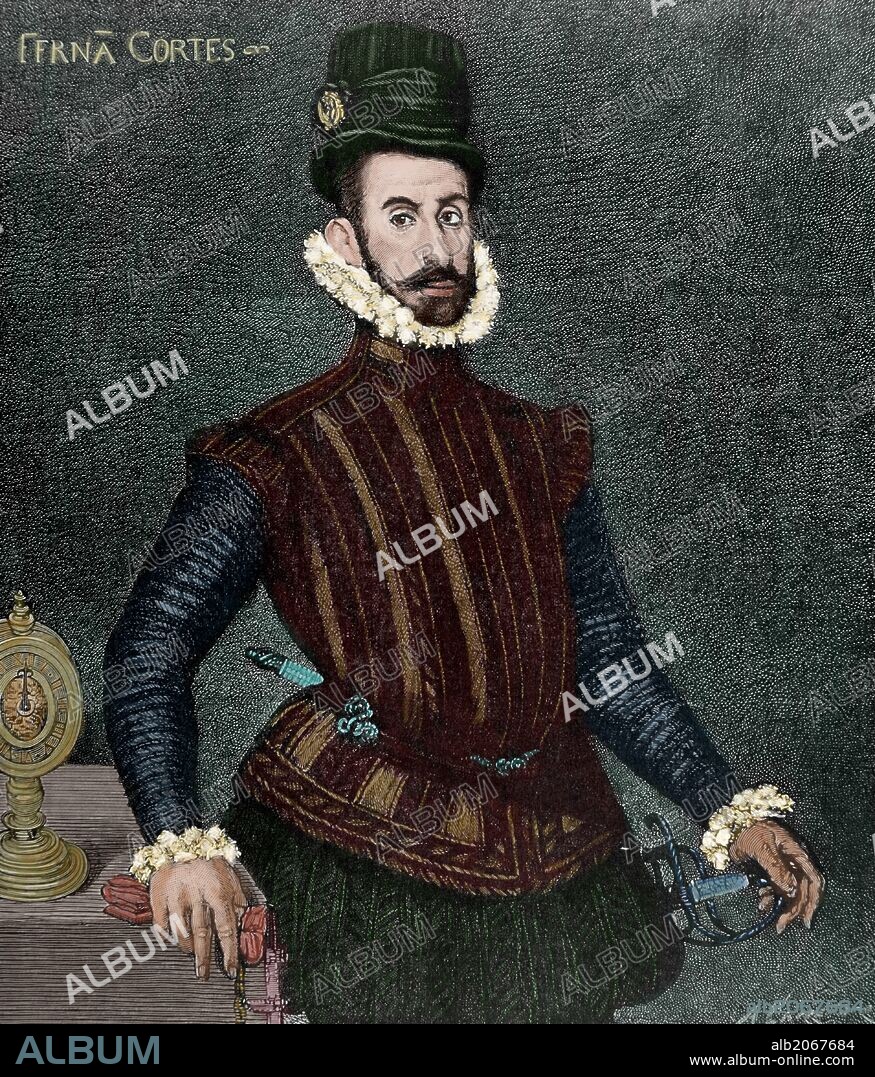 ARTURO CARRETERO Y SÁNCHEZ. CORTES, Hernán (Medellín,1488-Castilleja de la Cuesta,1547). Conquistador español de México. Nombrado por Carlos V gobernador y Capitán General de México (1522). Grabado por A. Carretero. "La Ilustración Española y Americana", año 1884. Coloreado.