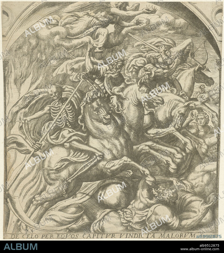 The four horsemen of the apocalypse ride through the air. From back to front: the Victor with a bow, War with a big sword, Hunger with scales and Death with a scythe (Op. 6:1-8). In the sky flies an angel crowning the Victor, Four horsemen of the apocalypse De Celo per eqvos capitvr vindicta malorvm, Revelation of John (series title)., print maker: Gerard van Groeningen, Antwerp, 1563 - 1574, paper, etching, engraving, h 269 mm × w 249 mm.