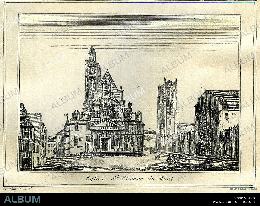 Eglise Saint Etienne du Mont. A droite, la Tour Clovis, clocher de l'ancienne abbaye Sainte-Genevieve, aujourd'hui a l'interieur du lycee Henri IV. Illustration tiree de l'ouvrage de Georges TOUCHARD-LAFOSSE (1780-1847) 'Histoire de Paris' vol.3, publie en 1833. Credit : Jean Vigne/KHARBINE-TAPABOR.
