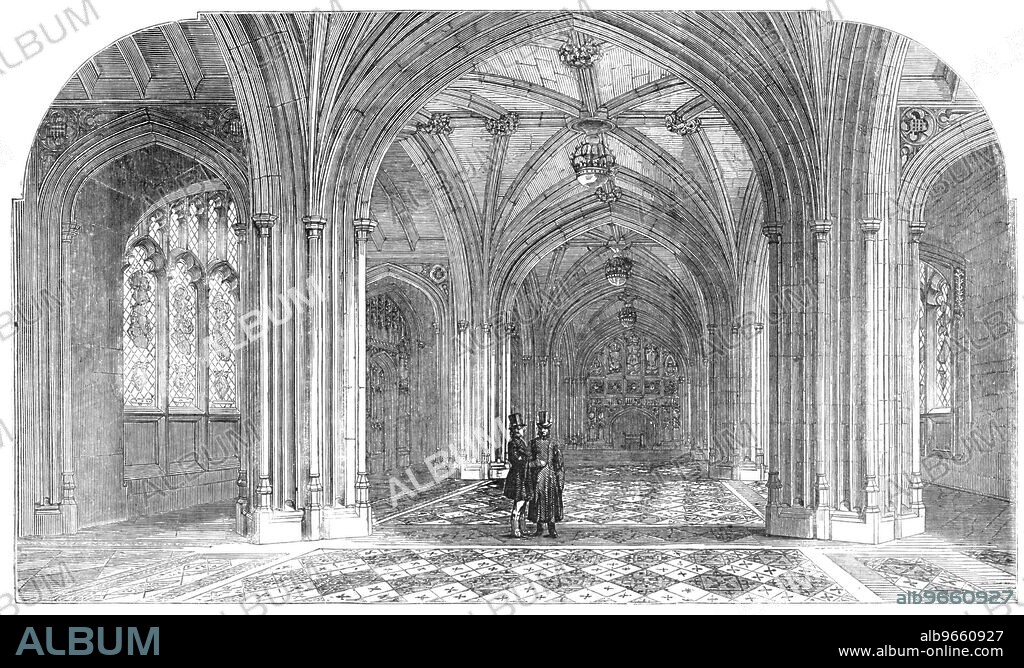 The New Houses of Parliament - the Peers' Private Entrance, 1857. 'Daylight is admitted by four windows from Old Palace-yard front...The floor is all of encaustic tiles, of the same pattern as that on the Peers' Staircase. In this room the members of the House of Lords will deposit their cloaks and overcoats. Racks of brass, gilt...will be placed at intervals along the room. We agree with the art-critic in the "Companion to the Almanack," that this lobby or entrance-room "is an excellent example of the artistic treatment of a low room so as to negative what would otherwise be the defiency [sic] of height. The effect of the piers and arches which are introduced for this end, and the grouping of the wall decorations and chimney-piece, cannot be too highly praised. Few architects have shown the same artistic power as Sir Charles Barry...".' From "Illustrated London News", 1857.