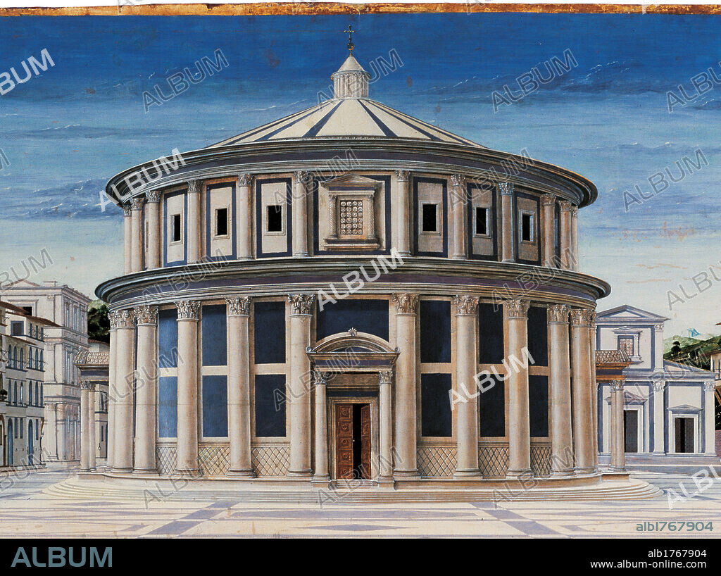 The Ideal City, by probably Francesco di Giorgio Martini, 1480-1490 about, 15th Century, panel, cm 67 x 238. Italy, Marche, Pesaro Urbino, Urbino, Marche National Gallery, inv. 1990 D 37Italy. Detail. Perspective view centric templet columns gate. Authorization required for non editorial use.