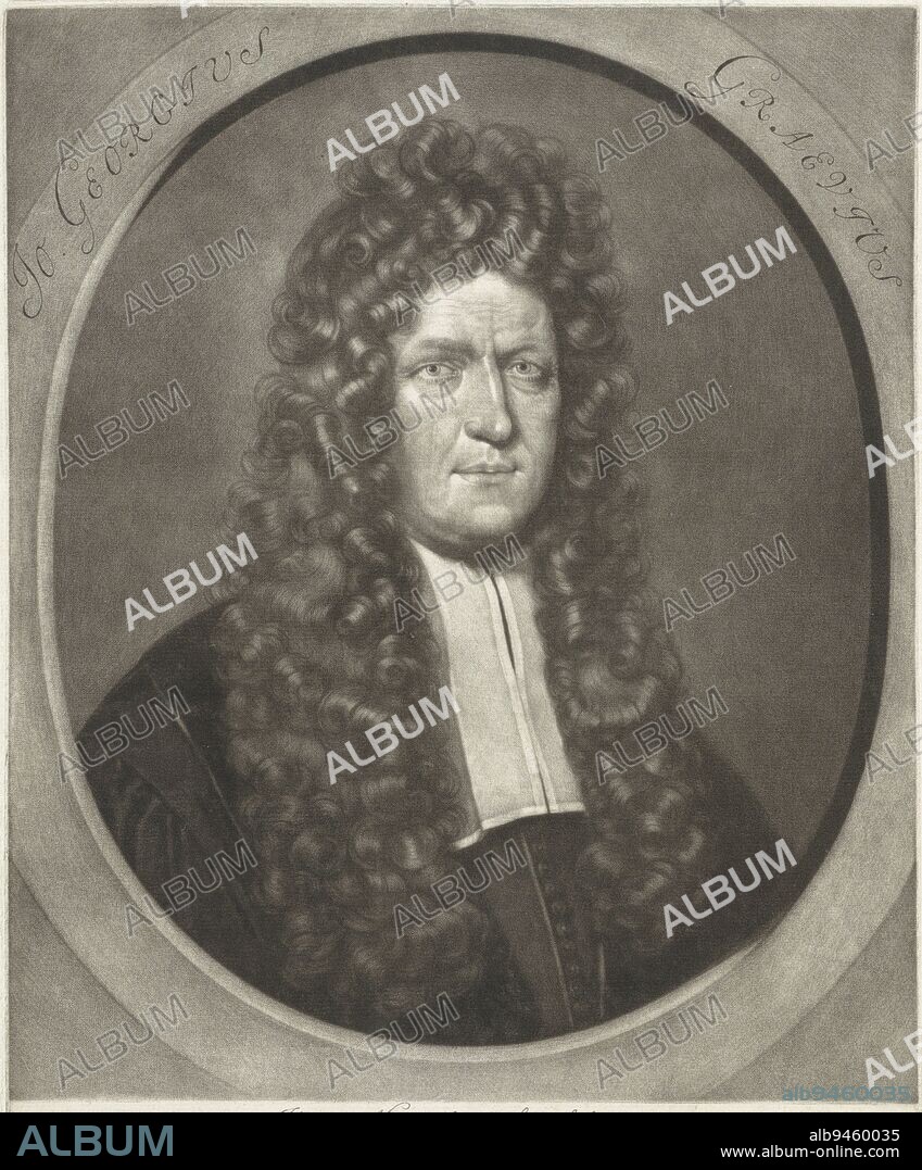 Portrait of the philologist Johann Georg Graevius, print maker: Pieter Schenk (I), (mentioned on object), after: Johann Friedrich Wettstein, (mentioned on object), Joan van Broekhuizen, (mentioned on object), Amsterdam, 1670 - 1713, paper, engraving, h 285 mm × w 211 mm.