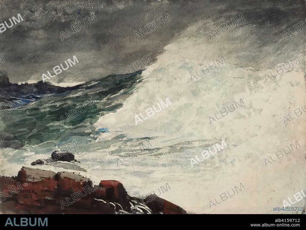 Prout's Neck, Breaking Wave. Winslow Homer; American, 1836-1910. Date: 1887. Dimensions: 380 x 544 mm. Transparent watercolor, with touches of opaque watercolor, rewetting, blotting and scraping, over resist and traces of graphite, on medium weight, moderately textured, ivory wove paper, laid down on cream wove paper. Origin: United States.