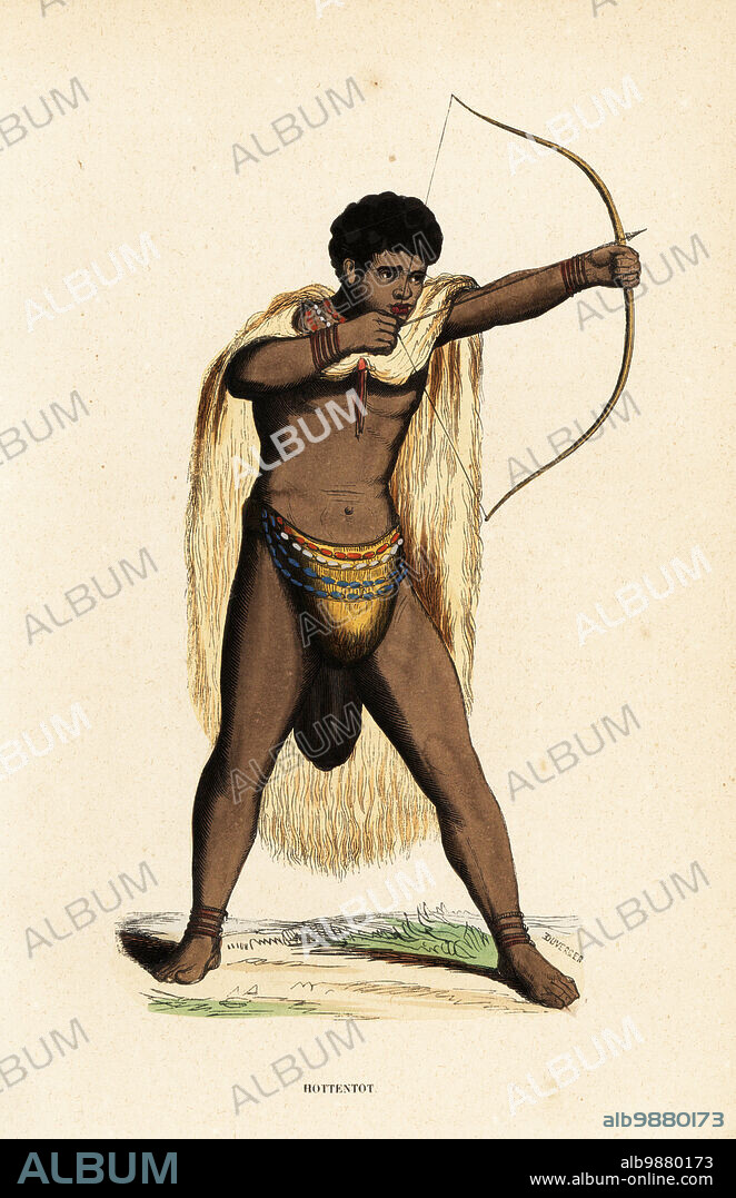 Khoikhoi man in animal skin cape, beaded loincloth, with bow and arrow. Hottentot. Handcoloured woodcut by Duverger from Auguste Wahlen's Moeurs, Usages et Costumes de tous les Peuples du Monde, (Manners, Customs and Costumes of all the People of the World) Librairie Historique-Artistique, Brussels, 1845. Wahlen was the pseudonym of Jean-Francois-Nicolas Loumyer (1801-1875), a writer and archivist with the Heraldic Department of Belgium.