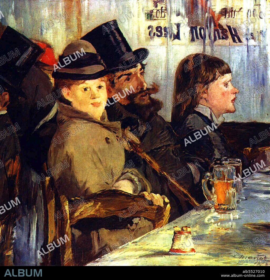 Manet's paintings of cafe scenes are observations of social life in 19th-century Paris. People are depicted drinking beer, listening to music, flirting, reading, or waiting. Many of these paintings were based on sketches executed on the spot. He often visited the Brasserie Reichshoffen on boulevard de Rochechourt, upon which he based At the Cafe in 1878. Several people are at the bar, and one woman confronts the viewer while others wait to be served. Such depictions represent the painted journal of a flâneur. These are painted in a style which is loose, referencing Hals and Velázquez, yet they capture the mood and feeling of Parisian night life. They are painted snapshots of bohemianism, urban working people, as well as some of the bourgeoisie.