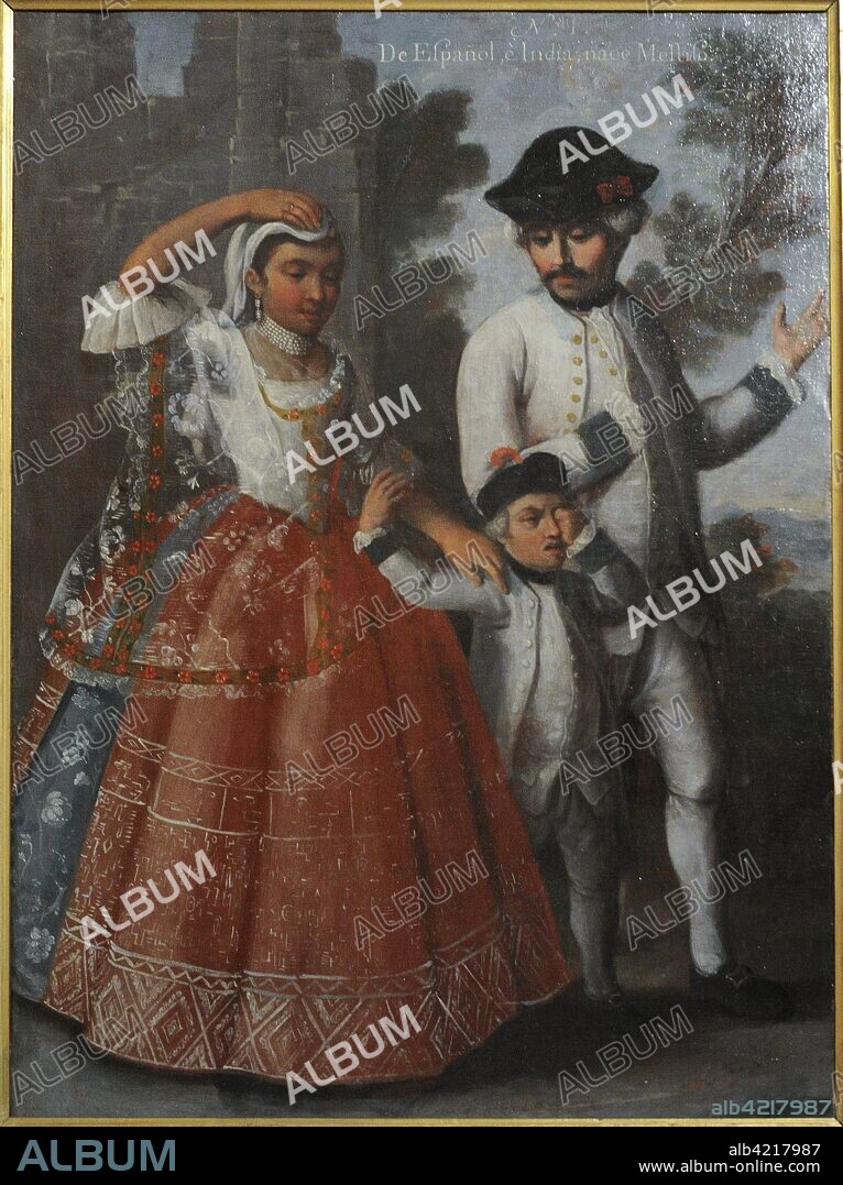 Título: Castas. De español e india, mestizo. Pintura al óleo. Autor: Andrés de Islas (siglo XVIII). 1774. Género: "Pintura de Castas". Virreinato de Nueva España. Escuela Mexicana, México. Museo de América. Madrid. España.