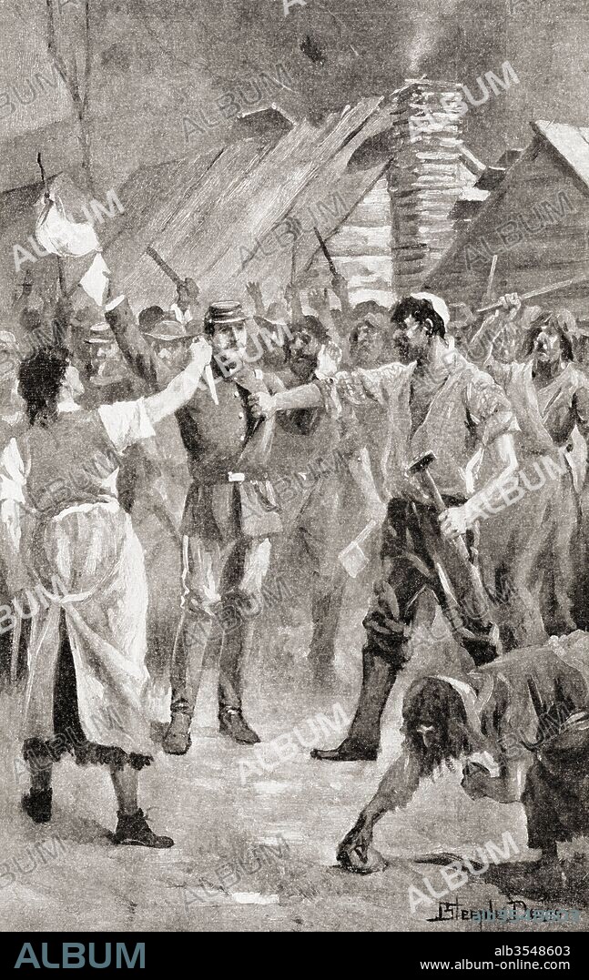 Militia commander Keller Anderson is captured by coal miners at Coal Creek, Anderson County, Tennessee, United States of America, during The Coal Creek War, c.1892. From The History of Our Country, published 1900.