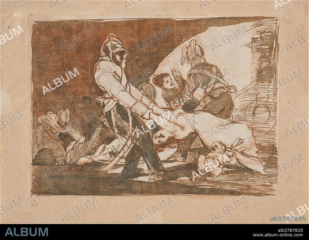 Francisco de Goya y Lucientes / 'Ni por esas'. 1810 - 1814. Aguada parda, Pluma, Sanguina sobre papel verjurado, agarbanzado, 134 x 186 mm.
