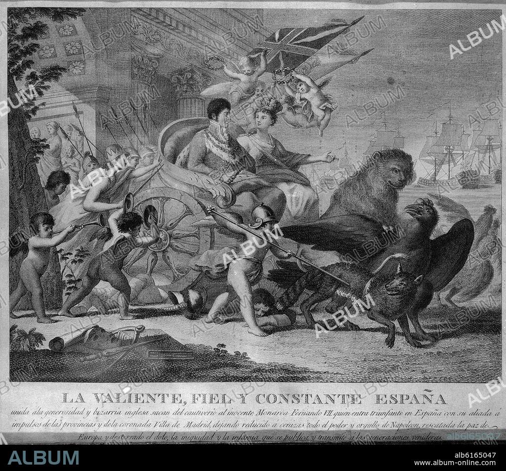 LA VALIENTE FIEL Y CONSTANTE ESPAÑA - ALIANZA ENTRE ESPAÑA E INGLATERRA - GRABADO SIGLO XIX.