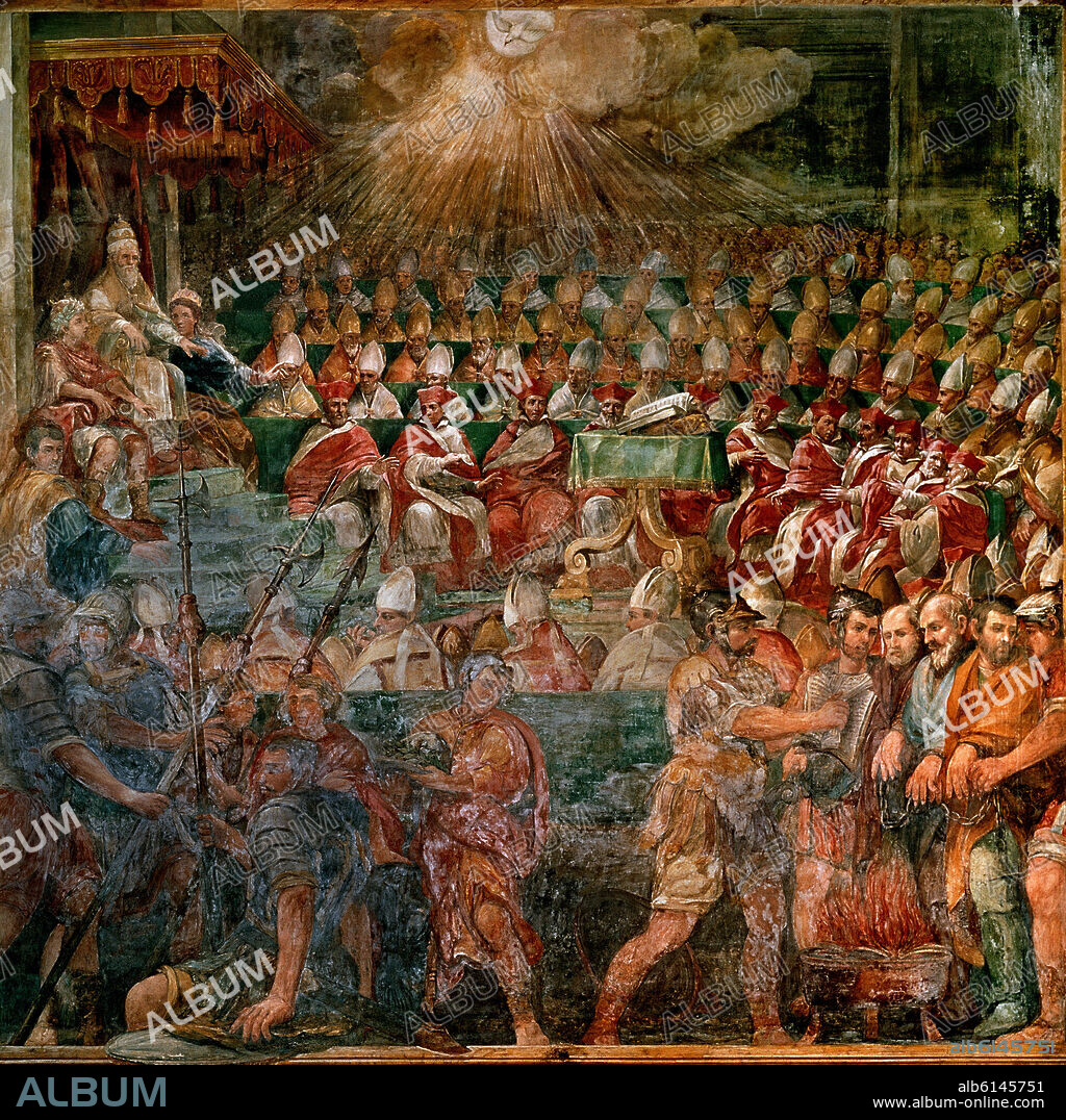I CONCILIO DE NICEA CELEBRADO EL 325 CONVOCADO POR CONSTANTINO I - FRESCO - SIGLO XVI - I CONCILIO ECUMENICO.