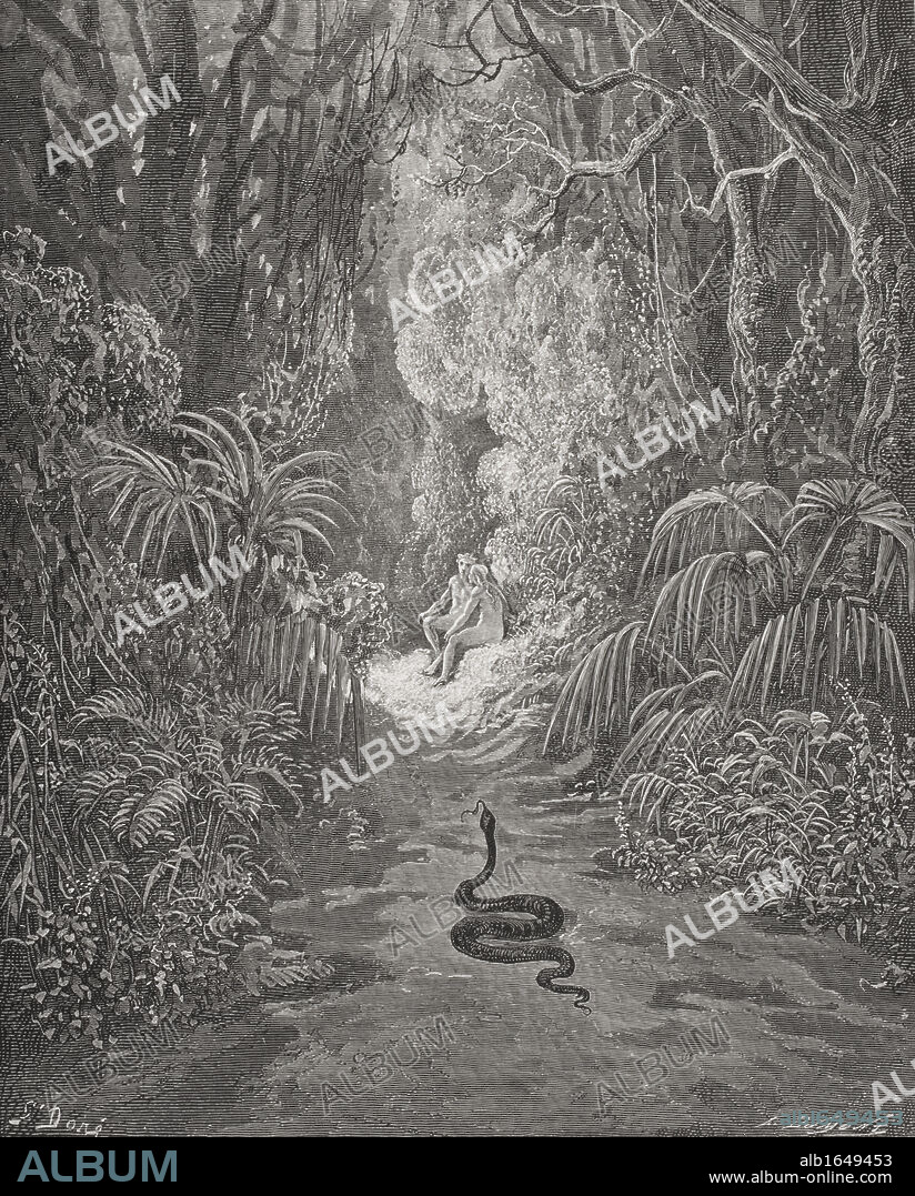 Illustration by Gustave Dore 1832-1883 French artist and illustrator for Paradise Lost by John Milton Book IX lines 434 and 435.