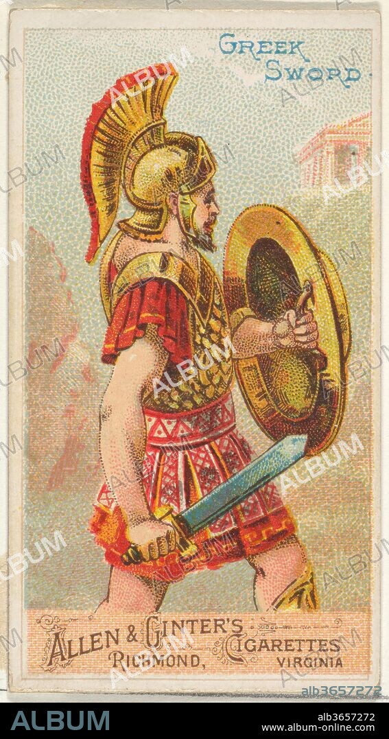 Greek Sword, from the Arms of All Nations series (N3) for Allen & Ginter Cigarettes Brands. Dimensions: Sheet: 2 3/4 x 1 1/2 in. (7 x 3.8 cm). Publisher: Issued by Allen & Ginter (American, Richmond, Virginia). Date: 1887.
Trade cards from the "Arms of All Nations" series (N3), issued in 1887 in a series of 50 cards to promote Allen & Ginter Brand Cigarettes.