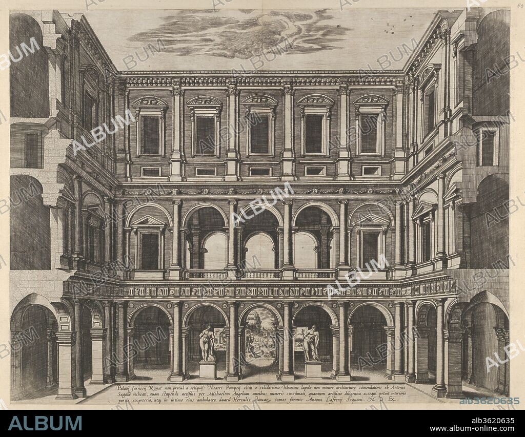 ANÓNIMO. Speculum Romanae Magnificentiae: Farnese Palace Interior. Artist: Anonymous. Dimensions: sheet: 15 3/8 x 19 1/2 in. (39 x 49.5 cm)
mount: 20 15/16 x 26 3/8 in. (53.2 x 67 cm). Publisher: Antonio Lafreri (French, Orgelet, Franche-Comte ca. 1512-1577 Rome). Series/Portfolio: Speculum Romanae Magnificentiae. Date: 1560.
This print comes from the museum's copy of the Speculum Romanae Magnificentiae (The Mirror of Roman Magnificence) The Speculum found its origin in the publishing endeavors of Antonio Salamanca and Antonio Lafreri. During their Roman publishing careers, the two foreign publishers - who worked together between 1553 and 1563 - initiated the production of prints recording art works, architecture and city views related to Antique and Modern Rome. The prints could be bought individually by tourists and collectors, but were also purchased in larger groups which were often bound together in an album. In 1573, Lafreri commissioned a title page for this purpose, which is where the title 'Speculum Romanae Magnificentiae' first appears. Lafreri envisioned an ideal arrangement of the prints in 7 different categories, but during his lifetime, never appears to have offered one standard, bound set of prints. Instead, clients composed their own selection from the corpus to be bound, or collected a group of prints over time. When Lafreri died, two-third of the existing copper plates went to the Duchetti family (Claudio and Stefano), while another third was distributed among several publishers. The Duchetti appear to have standardized production, offering a more or less uniform version of the Speculum to their clients. The popularity of the prints also inspired other publishers in Rome to make copies however, and to add new prints to the corpus. 
The museum's copy of the Speculum entered the collection as a group of 3 albums with inlaid engravings and etchings. The prints have since been removed, but the original place of each print within the album is contained in the accession number: 41.72(volume.place).
Originally volume 3, plate 50 in the scrapbook.