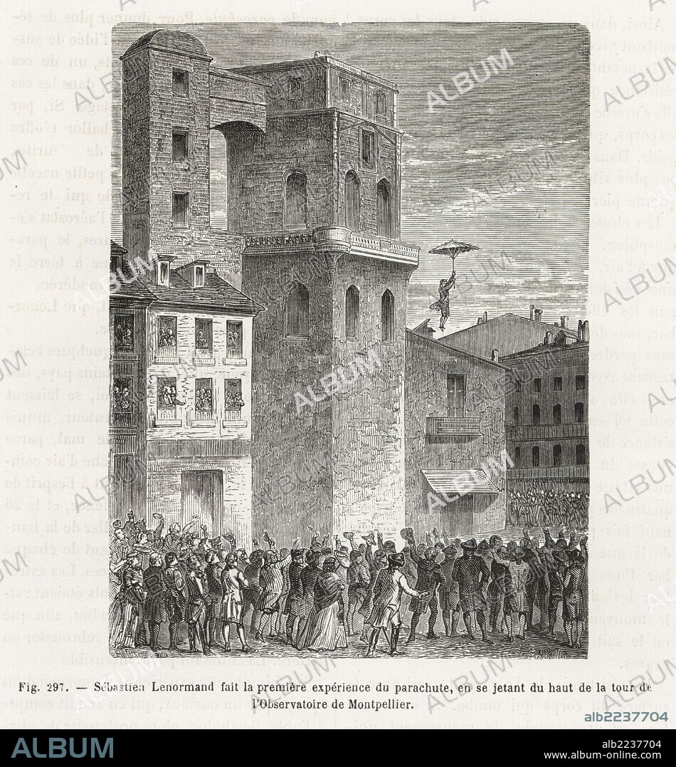 Sebastien Lenormand makes the first parachute descent from the tower of Montpelier observatory, December 1783. Woodblock engraving by H. Rousseau after SKKL from Louis Figuier's "Les Merveilles de la Science: Aerostats" (Marvels of Science: Air Balloons), Furne, Jouvet et Cie, Paris, 1868.