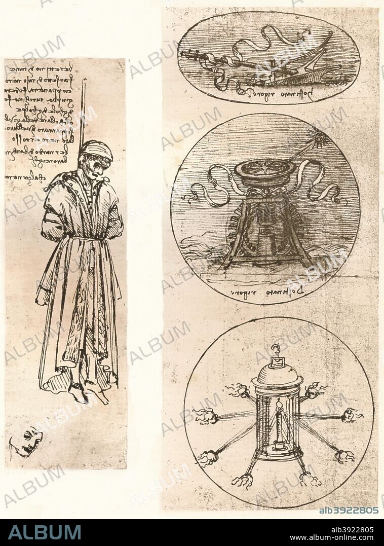Drawings of Bernardo di Bandino Baroncelli hanged, and emblems, c1472-c1519 (1883). Bernardo di Bandino Baroncelli  was one of the Pazzi conspirators who tried to displace the de` Medicii family as rulers of Florence in 1478. From The Literary Works of Leonardo Da Vinci, Vol. 1 by Jean Paul Richter, PH. DR. [Sampson Low, Marston, Searle & Rivington, London, 1883].