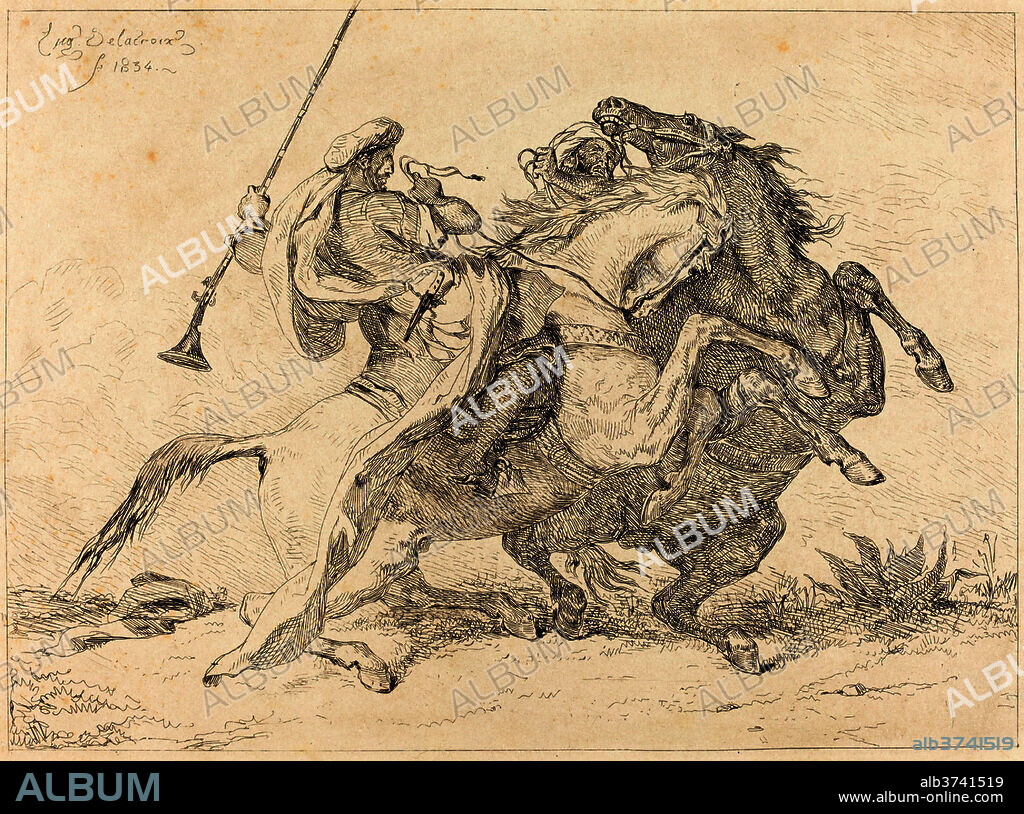 EUGENE DELACROIX. Encounter of the Moorish Horsemen (Rencontre de Cavaliers Maures). Dated: 1834. Dimensions: sheet (laid down): 20.4 × 27.3 cm (8 1/16 × 10 3/4 in.)  overall: 20.7 × 28.5 cm (8 1/8 × 11 1/4 in.). Medium: etching and drypoint.
