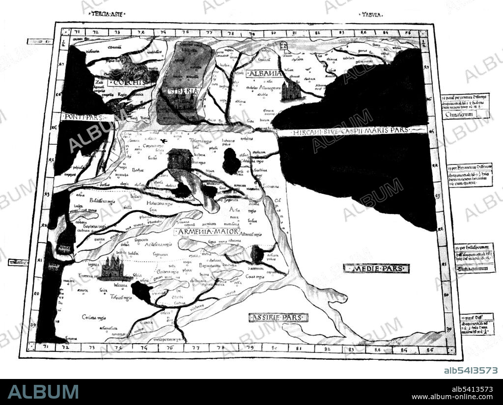 Ptolemy's map of Armenia with Noah's Ark on Mount Ararat was based on the description contained in Ptolemy's book Geographia, written 150 AD. Although authentic maps have never been found, the Geographia contains thousands of references to various parts of the old world, with coordinates for most, which allowed cartographers to reconstruct Ptolemy's world view when the manuscript was re-discovered around 1300 AD.