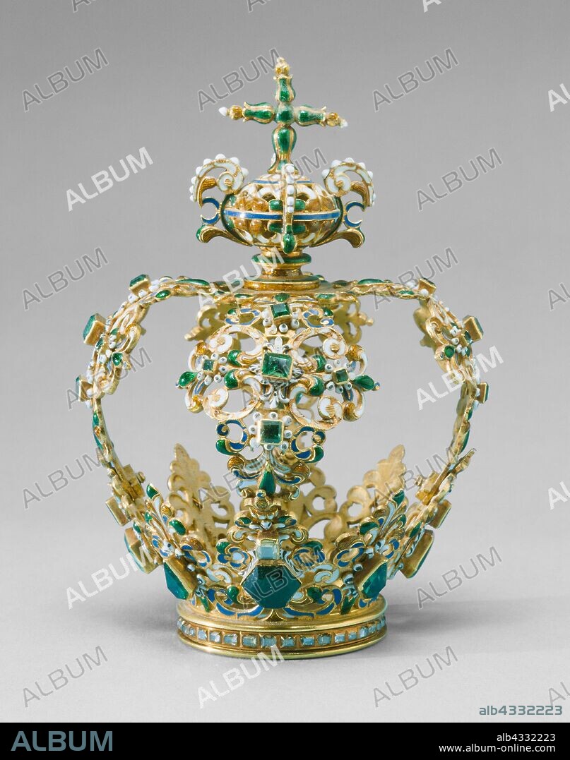 Crown, 1600/50, Spanish or Spanish Colonial, Spain, Gold, enamel, emeralds, diamonds, pearls, and aquamarines, 13 × 9.5 cm (5 1/8 × 3 3/4 in.).