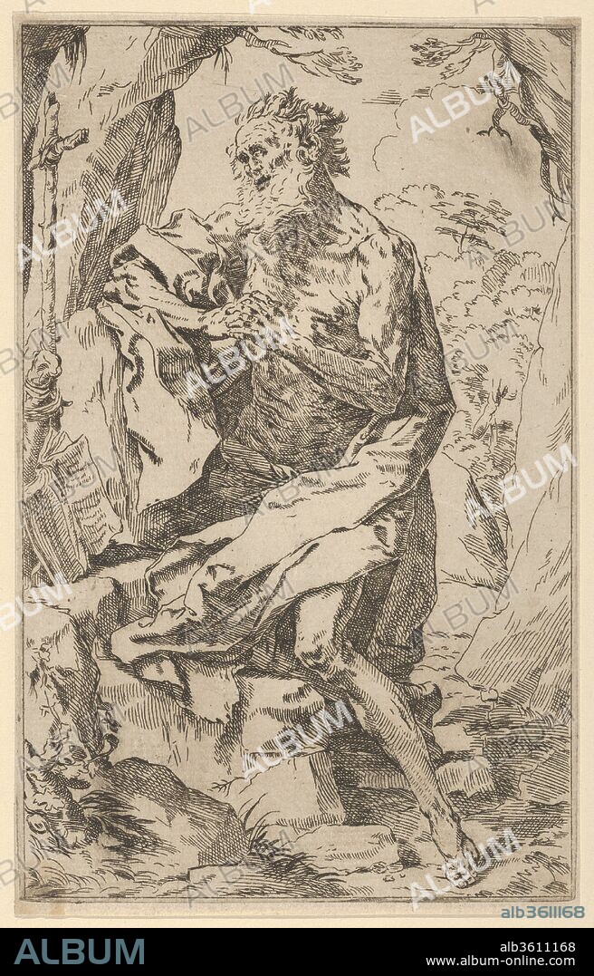 Saint Jerome kneeling on a rock in front of a cross and an open book facing left, after Reni. Artist: After Guido Reni (Italian, Bologna 1575-1642 Bologna); Anonymous, 17th century. Dimensions: Sheet (Trimmed): 8 1/4 × 5 1/4 in. (20.9 × 13.3 cm). Date: ca. 1600-1640.
Copy distinguished by the omission of a second cloud at top center between the branches of two trees.