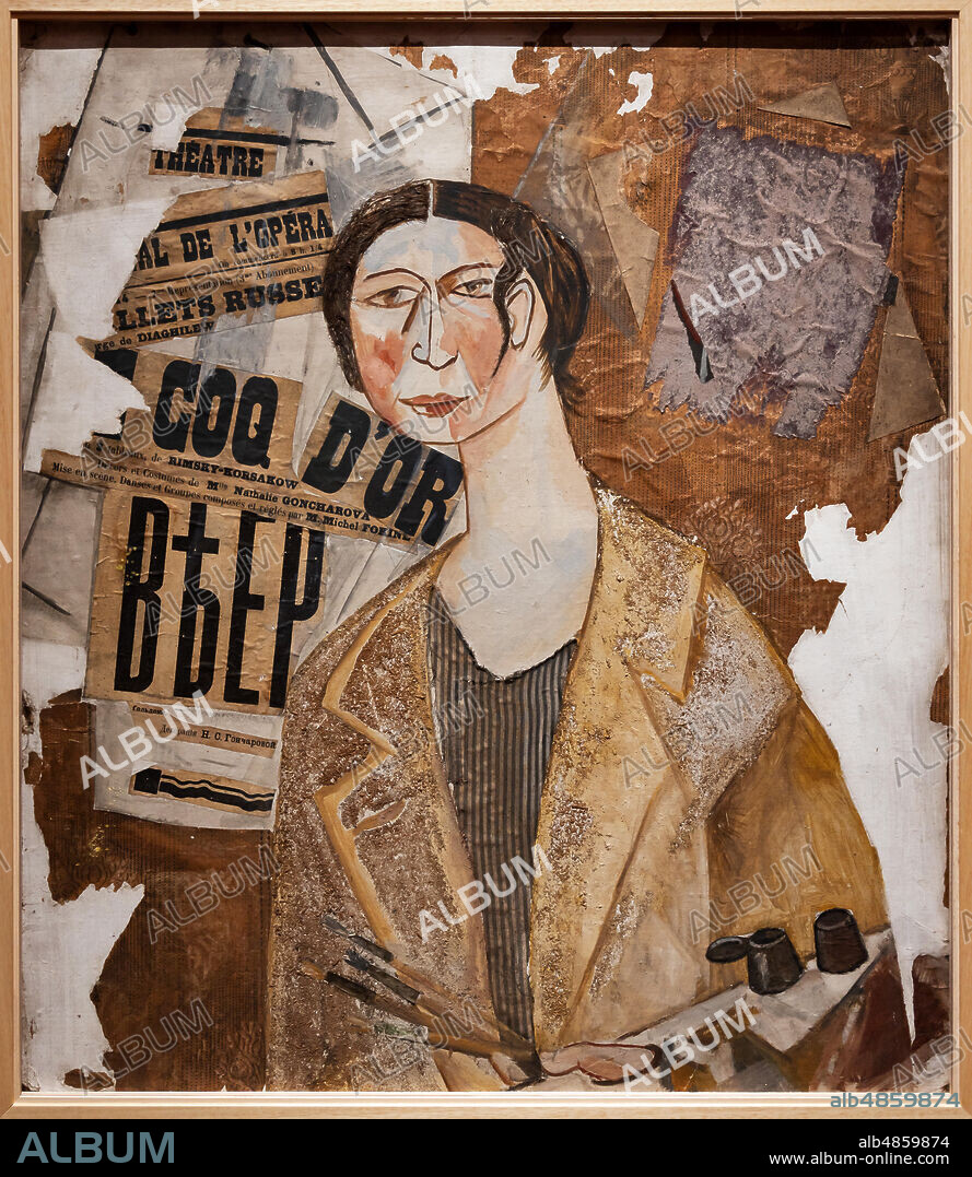 Mikhail Larionov: "Portrait of Natalia Goncharova", 1915, tempera, gouache and collage. The artist portrays his wife using newspaper clippings concerning the ballet "Le Coq d'Or" and Goldoni's work "Il Ventaglio".
