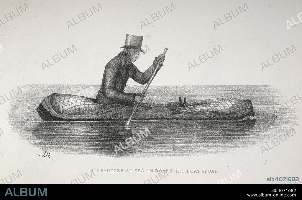 PETER HALKETT. The paddler at sea on board his boat cloak. Boat-Cloak, or Cloak-Boat, constructed of Macintosh India Rubber cloth, with Paddle, Umbrella, Sail, Bellows, etc. Invented by P. H. Richmond, 1848. Source: 1269.d.5. plate 2.