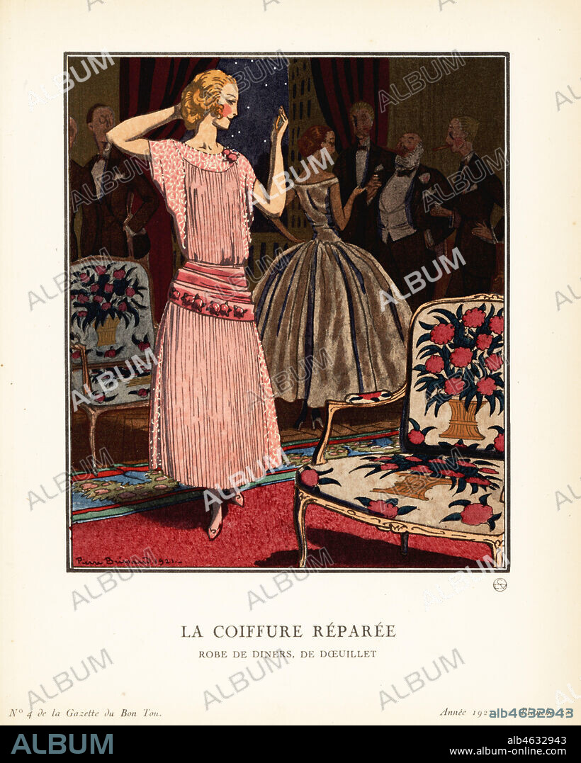 Woman in dinner dress of printed muslin with pink chiffon apron trimmed with roses. Woman at a dinner party with men in black tie. Fixing her hair. La coiffure reparee. Cette robe de dîners, de D½uillet, est en mousseline imprimée, avec un tablier de mousseline rose plisée garnie de petites roses. Handcoloured pochoir lithograph by Pierre Brissaud from Lucien Vogels Le Bon Genre: 100 Plates from Gazette du Bon Ton, Brentanos, Paris, 1921.