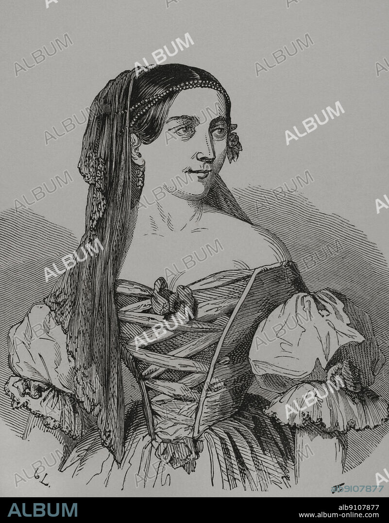 Isabela Jagellón (1519-1559). Reina consorte de Hungría (1539-1540) por su matrimonio con Juan I de Hungría (Juan de Zapolya). Regente del Principado de Transilvania (1540-1550 y 1556-1559). Retrato. Grabado. "Los Héroes y las Grandezas de la Tierra". Tomo VI. 1856.